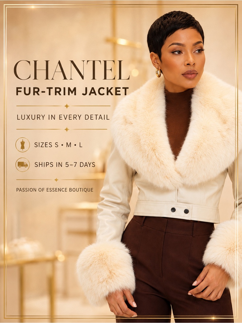 Chantel Cream Fur-Trim Cropped Moto Jacket | Statement Collar & Cuffs S–L